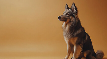 Poster - Portrait of a fluffy dog sitting against a warm golden background, symbolizing loyalty, companionship, and calmness with ample space for text or advertising