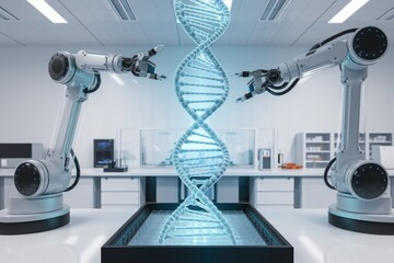 Poster - Robotic arms manipulating a glowing DNA strand in a futuristic laboratory setting.