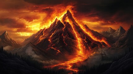 Poster - Fiery Volcanic Eruption Engulfs Mountain Range