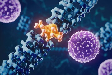 Poster - Microscopic view of a protein interacting with DNA, near immune cells; illustrating cellular processes.