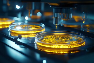 Poster - Laboratory petri dishes with glowing yellow culture medium under microscope in modern research facility, scientific experiment in progress.