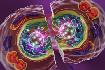 Aufkleber - Cross-section view of a cell undergoing cytokinesis, showing the division of cytoplasm and organelles.