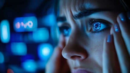 Poster - Close up portrait of young woman with glowing blue eyes in dark environment with neon lights and digital reflections, cyberpunk style atmospheric lighting.
