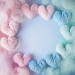 Poster - Fluffy pink and blue hearts arranged in a circular pattern with pastel clouds on a light background, symbolizing love, romance, and Valentine's Day, with free space for text or design mockup