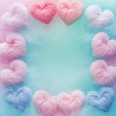 Poster - Fluffy pink and blue hearts in a circular arrangement on a soft pastel background with misty clouds, symbolizing love, romance, and Valentine's Day, with free space for text or design mockup