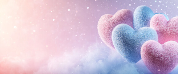 Poster - Soft pink and blue frosted hearts with sparkles on a pastel gradient background, symbolizing love, Valentine's Day, and romance, with free space for text or advertising