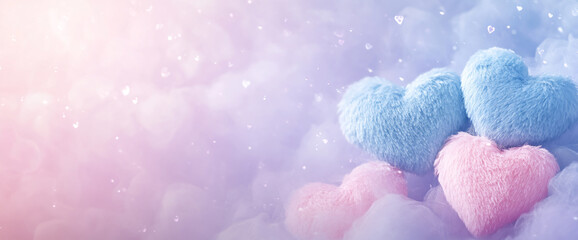 Poster - Soft pink and blue furry hearts with sparkling background, symbolizing Valentine's Day, love, and romance, with free space for advertising or text