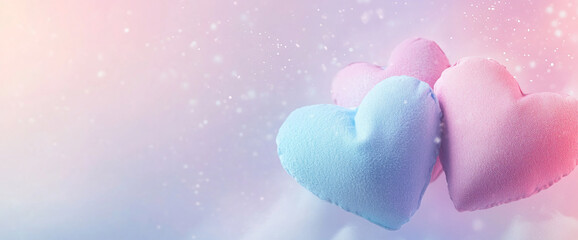 Poster - Blue and pink fabric hearts on a soft pastel background, symbolizing love, romance, and Valentine's Day, with free space for text or advertising