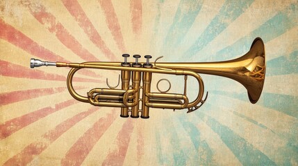 Golden trumpet against vintage sunburst background