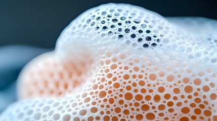 Poster - Macro shot of soap foam bubbles in white and peach colors creating abstract pattern with soft bokeh background, suitable for cosmetic and hygiene concepts.
