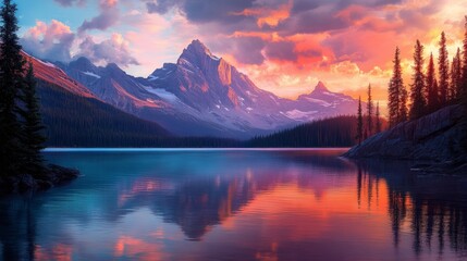 Wall Mural - Stunning sunset over emerald lake in rocky mountains national park  a captivating nature landscape