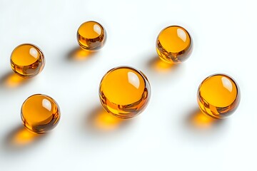 Poster - Amber glass spheres arranged on white surface casting soft shadows, glossy transparent orbs with warm honey-colored glow for wellness and spa designs.