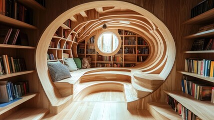 Poster - Wooden Curving Bookshelf Library Reading Nook