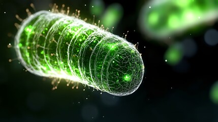 Poster - Glowing green bacteria cell with digital wireframe structure on dark background, microscopic view of microorganism for medical and scientific visualization.
