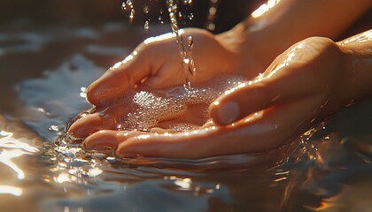 Poster - Female hands cupped together catching pure crystal clear water drops with splashes in warm sunlight, wellness and purity concept for spa and skincare.