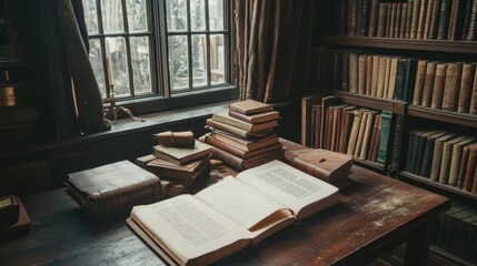 Poster - Antique Books Resting On A Wooden Desk Near A Window