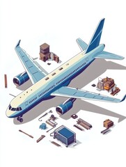 Fototapete - Detailed illustration of an airplane surrounded by various construction materials and equipment on a flat surface. Generative AI