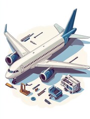 Fototapete - Detailed representation of an airplane repair process with tools and equipment at an airfield. Generative AI