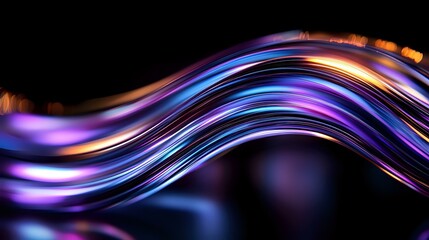 Poster - Vibrant glowing waves with purple, blue and orange neon colors flow smoothly against dark background creating dynamic abstract light pattern for modern design projects.