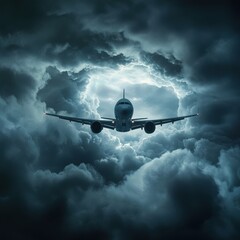 Poster - airplane flying through dramatic stormy clouds during twilight hours above a vast landscape. generat