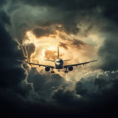Fototapete - Airplane flying through dark clouds during a storm with a dramatic light effect above. Generative AI