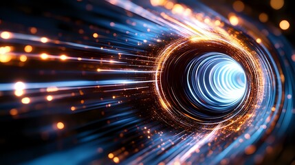 Poster - Abstract glowing blue and orange tunnel with light streaks and particles creating dynamic motion effect against dark background, suitable for tech concepts.