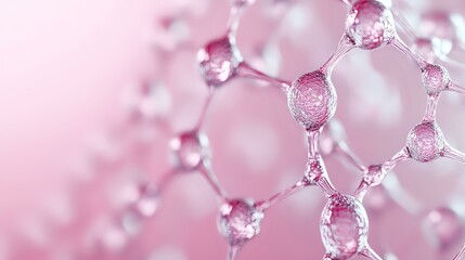 Poster - Delicate pink molecular structure with water droplets and crystal spheres on soft blurred background, scientific concept for cosmetic and medical research.
