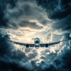 Aufkleber - Large passenger jet flying through dramatic clouds during daylight in expansive sky above a cityscape. Generative AI