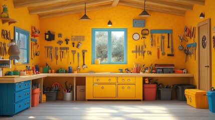Aufkleber - Vibrant Yellow Workshop Filled With Various Tools And Equipment