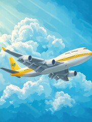 Poster - Airplane soaring through the blue sky amidst fluffy clouds with sunlight shining during a bright day. Generative AI
