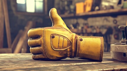 Poster - Worn Leather Glove Showing Thumbs Up in Workshop