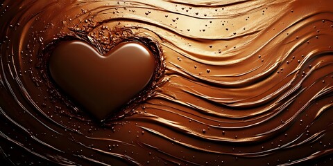 Poster - Heart shaped chocolate on swirled melted dark and milk chocolate background with tiny bubbles, luxury sweet dessert concept for Valentine's Day celebration.