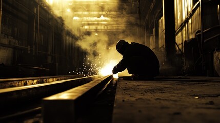 Poster - A Welder Works on Metal Beams in a Factory
