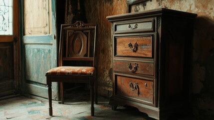 Aufkleber - Antique Wooden Chair and Chest of Drawers in a Room