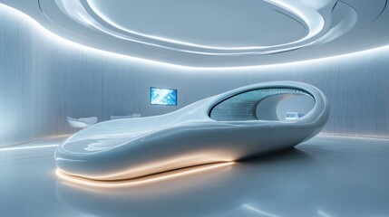 Poster - Futuristic White Reception Desk in Modern Lobby