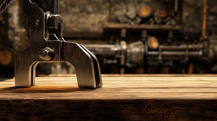 Aufkleber - Metal clamp rests on rustic wooden surface background