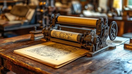 Poster - Antique Printing Press with Aged Paper and Intricate Designs
