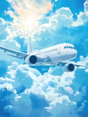 Aufkleber - Flying airplane gliding through fluffy clouds under a bright blue sky during midday sunlight. Generative AI