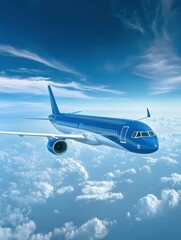 Aufkleber - Blue airplane flying high above fluffy clouds in bright blue sky during daytime. Generative AI