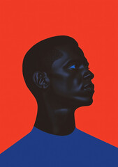 Poster - Contemplation: A stylized portrait of a man, rendered in bold blocks of blue and black against a vibrant red backdrop, conveys a sense of quiet reflection and introspection. 