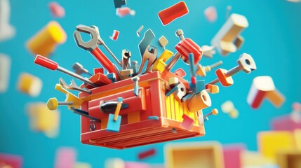 Poster - Colorful Toolbox Exploding With Tools Flying