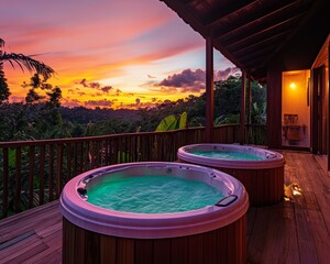 Stunning outdoor terrace with two hot tubs overlooking jungle at sunset in brazil