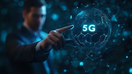 Poster - Asian businessman pointing at glowing 5G network sphere with digital connections and particles on dark blue background, representing wireless technology advancement.