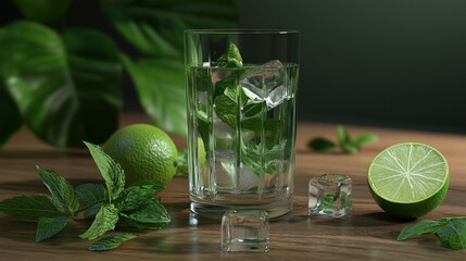 Poster - Refreshing Lime Mint Drink with Ice Cubes in Glass