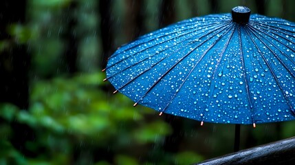 Poster - Blue traditional Japanese paper umbrella with water drops against dark green blurred forest background, creating atmospheric rainy day mood.