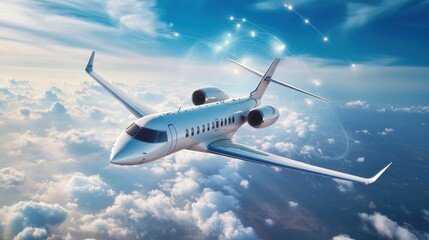 Poster - Luxury jet soaring through clouds with brilliant blue skies and scattered sunlight during daytime travel. Generative AI