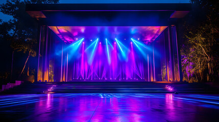Poster - A stage illuminated with vibrant purple and blue lights, creating a dynamic and energetic atmosphere for the performance