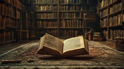 Poster - Open Antique Book In A Grand Old Library