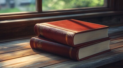 Aufkleber - Two antique leather bound books rest on a wooden surface