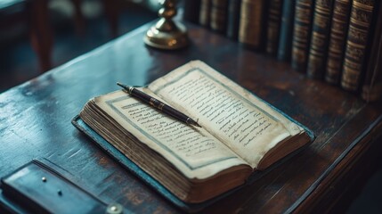Aufkleber - Antique Book Open With Pen Resting On Pages